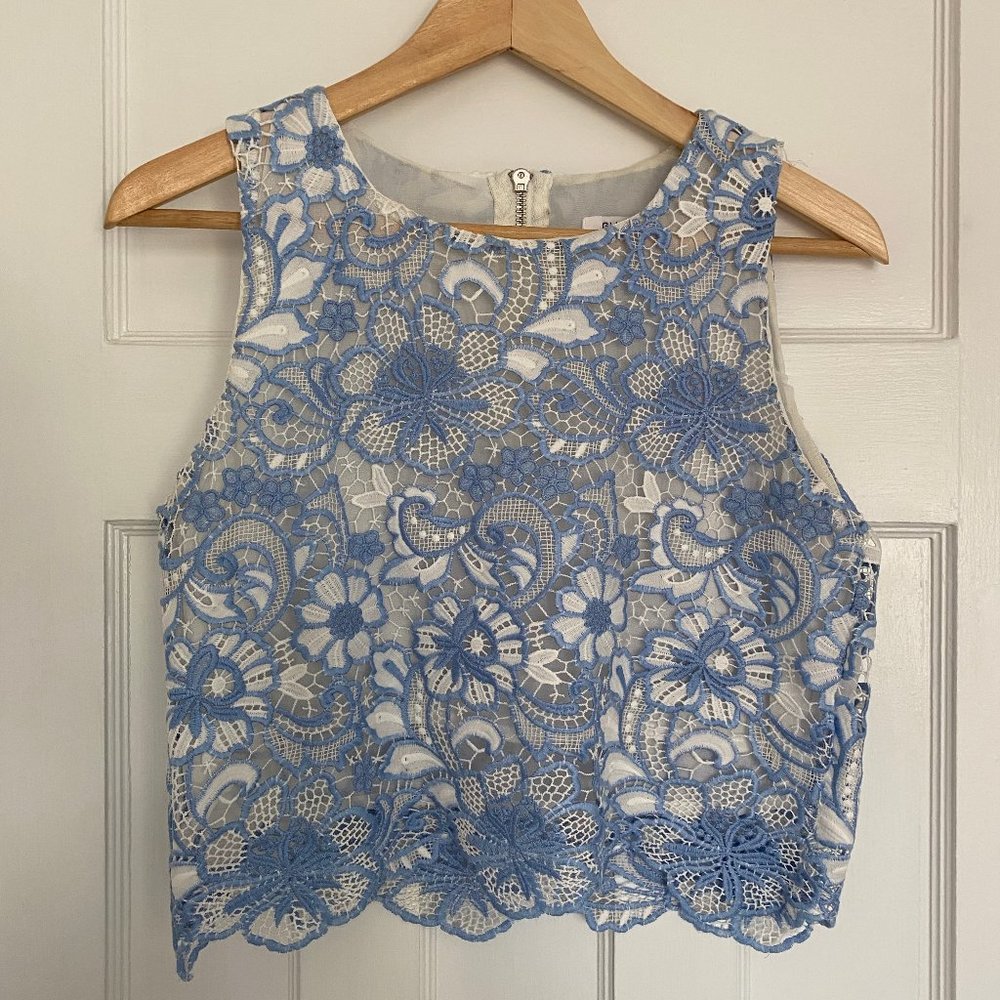 Sleeveless Embroidered Crop Top, Blue & White - Size S